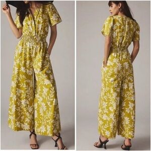 Anthropologie The Somerset Wide Leg Jumpsuit in Yellow Chartreuse Floral